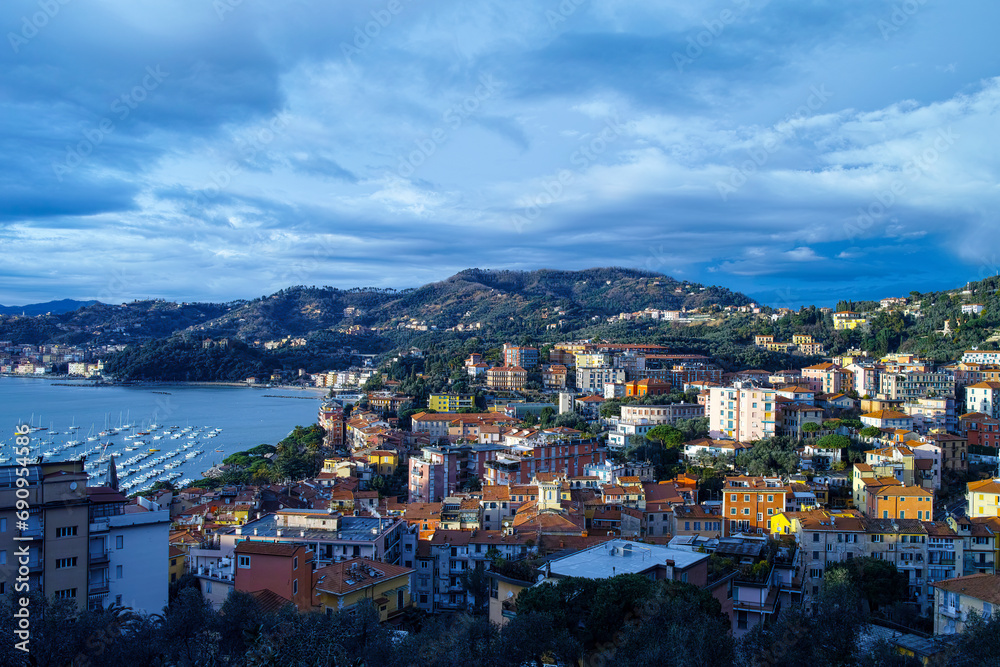 Aerial view of the town of Lerici (Liguria, Italy) and its traditional Ligurian houses facades.