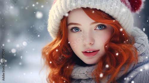Cute little girl wearing red Santa hat and smiling. Christmas and New Year concept. Copy space.