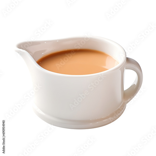 Gravy sauce in a white pointed mouth cup.