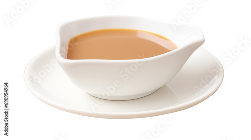 Gravy sauce in a white pointed mouth cup.