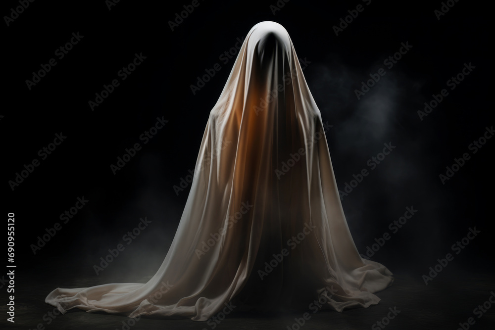 White-sheeted ghost before a black background White-sheeted ghost before a black background