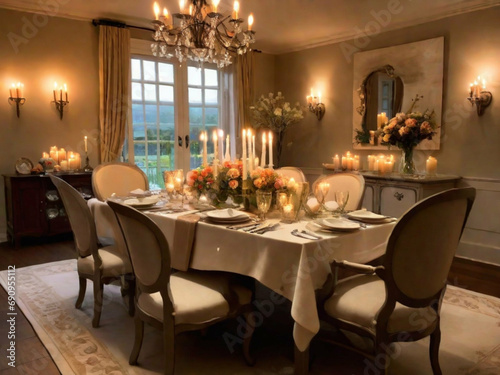 An elegantly set dining table with an empty chair, adorned with candles, flowers, and fine dinnerware. The background exudes a cozy and intimate atmosphere.