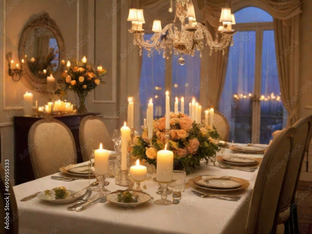 An elegantly set dining table with an empty chair, adorned with candles, flowers, and fine dinnerware. The background exudes a cozy and intimate atmosphere. An elegantly set dining table with an empty chair, adorned with candles, flowers, and fine dinnerware. The background exudes a cozy and intimate atmosphere.