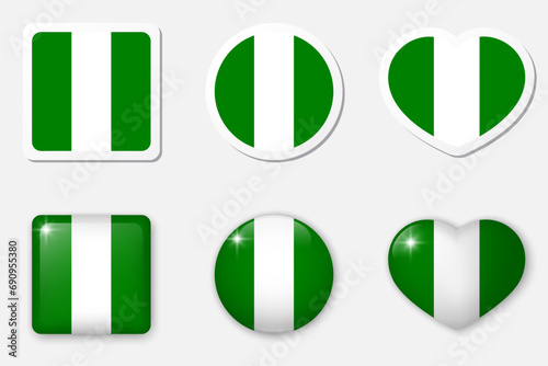Flag of Nigeria icons collection. Flat stickers and 3d realistic glass vector elements on white background with shadow underneath. Free Download Flag of Nigeria icons collection. Flat stickers and 3d realistic glass vector elements on white background with shadow underneath. - GFXLoad