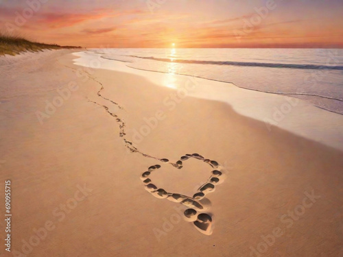 An empty beach at sunset with a romantic  warm color palette. Footprints in the sand lead towards a heart drawn in the shore.