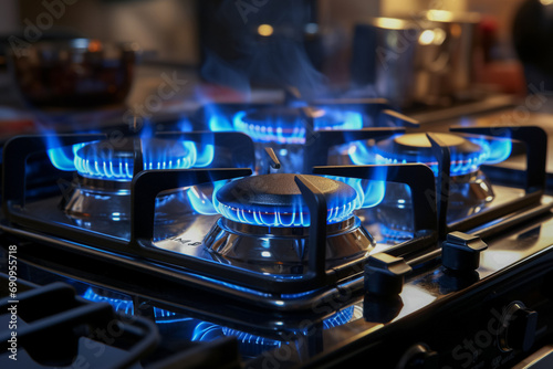 The largest outline of a blue flame that burns on a propane gas stove in a household kitchen.
