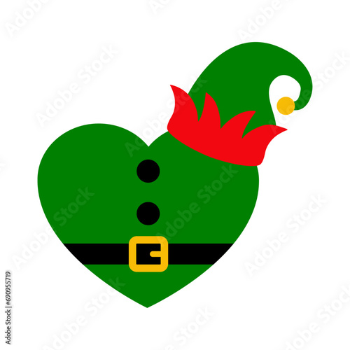 Tiempo de Navidad. Silueta de corazón con traje y sombrero de elfo de Santa Claus para su uso en tarjetas y felicitaciones