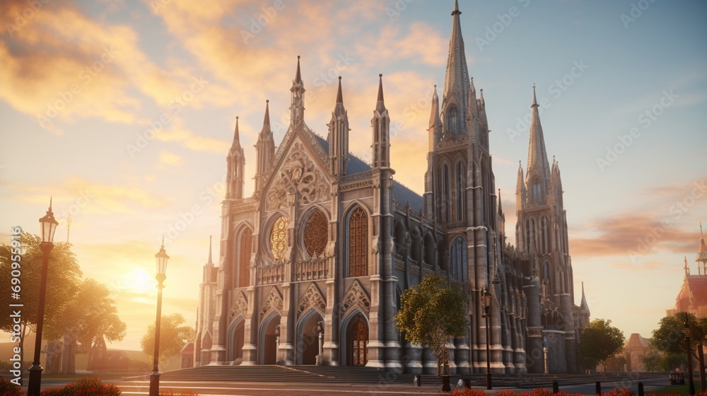An ornate, historic cathedral with intricate stonework and towering spires, bathed in the warm glow of the setting sun