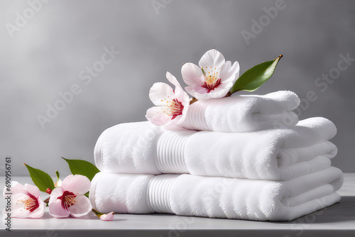 White towels and cherry blossoms on gray background.Spa, aromatherapy, zen spa atmosphere concept.Generative AI