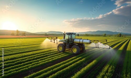 Agricultural Tractor Applying Pesticide to Crop Field