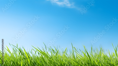Green grass blades in a clear blue sky 