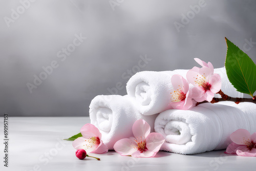 White towels and cherry blossoms on gray background.Spa, aromatherapy, zen spa atmosphere concept.Generative AI