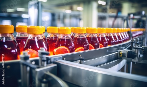 A Colorful Array of Liquid-Filled Bottles on a Moving Conveyor Belt