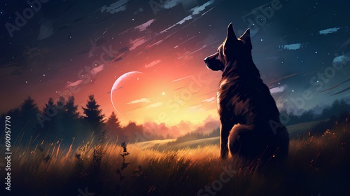 A dog sits and looks at the stars in the middle of the meadow. © Darrity
