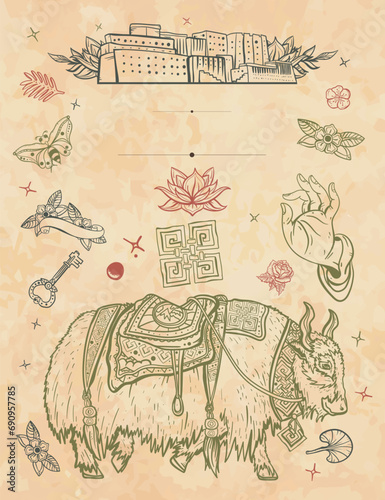 Tibet. Art frame. Yak, lotus flowers, mountains, Lhasa. Oriental Asian vertical background. Old paper vector. Cover page template. Tibetan culture and tradition