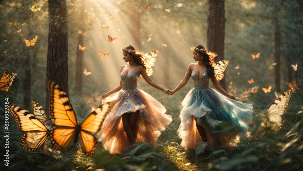 Beautiful girls in a flower garden with butterflies