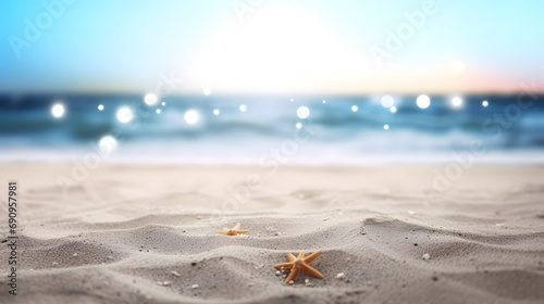 Beach background against calm sea, bokeh