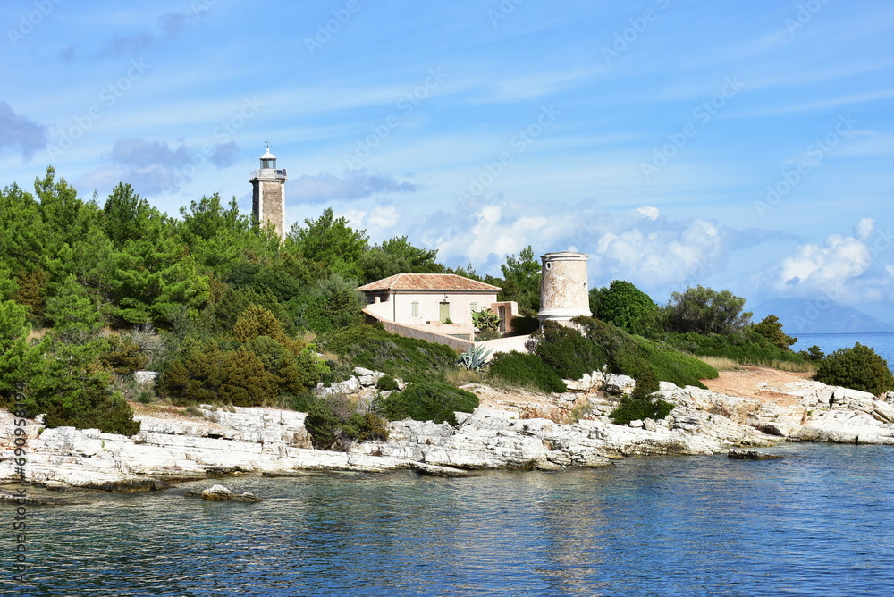 Venetian lighthouse on island Kefalonia near village Fiskardo,Greece