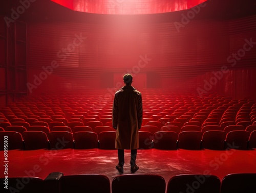 photo generated by ia actor looks at the empty stalls waiting to be filled with pubic. lighting and decoration red