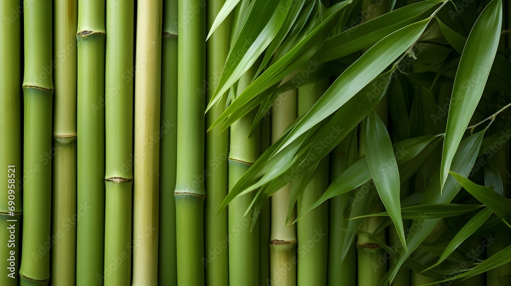 Obraz premium Vertical bamboo shoots with leaves creating a natural pattern, space for text