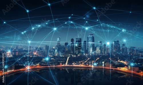Modern city with wireless network connection and city scape concept.Wireless network and Connection technology concept with city background at night, Generative AI