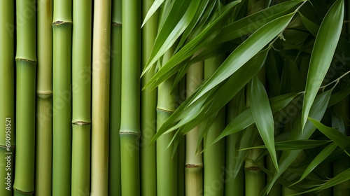 Vertical bamboo shoots with leaves creating a natural pattern, space for text