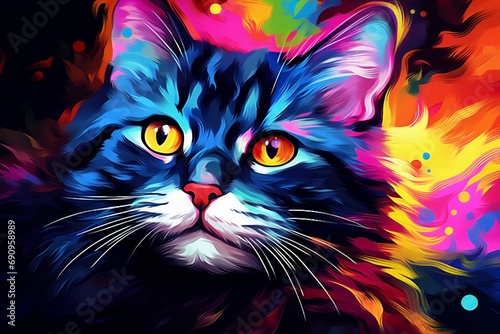 Vibrant colorful cat against a backdrop of cosmic splashes
