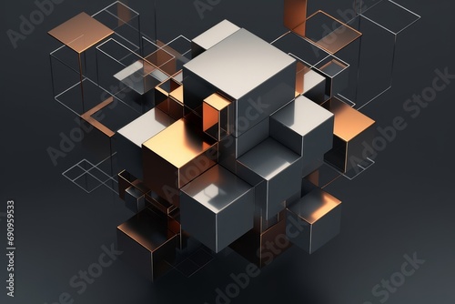 Abstract 3d rendering of geometric shapes. Composition with squares. Cube design. Modern background for poster, cover, branding, banner, placard, Generative AI © Raghav Frames