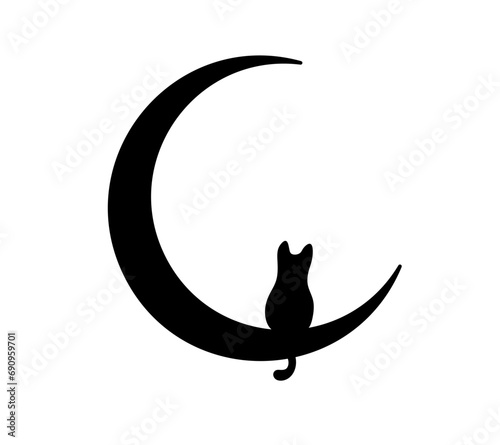Vector isolated one single black cat sitting on the crescent moon colorless black and white outline silhouette shadow shape stencil solid black