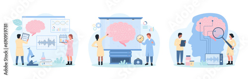 Medical brain research set vector illustration. Cartoon tiny people test human brain with electroencephalography, neurologists study nerve and nervous system with magnifying glass and EEG equipment
