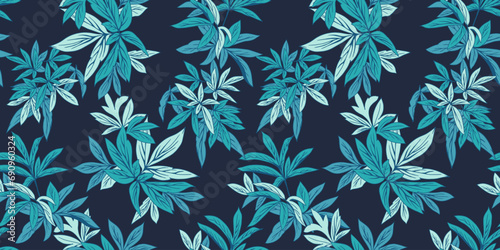 Beautiful bright blue tropical branches leaves intertwined in a seamless pattern. Vector hand drawn. Abstract, artistic leaf stems on a dark back print. Botanical illustration. Design for fashion