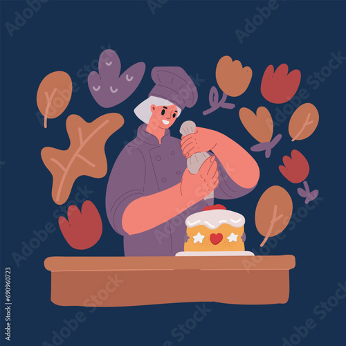 Cartoon vector illustration of Woman making cake. Woman decorationg cake sketch drawing. Girl baking cake. photo