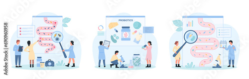 Healthy gut microbiome set vector illustration. Cartoon tiny people with magnifying glass check good and bad bacteria inside human gastrointestinal tract and bowel, advise probiotic and prebiotic food photo