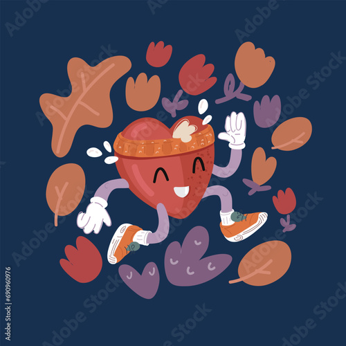 Cartoon vector illustration of running heart character, sport exercises. Healthy human heart personage jogging or running with sneakers, fitness tracker, wireless headphones and visor hat. Happy human