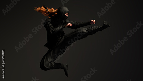 A red-haired female ninja doing a flying kick on dark background. Traditional ninja style. 3D illustration.