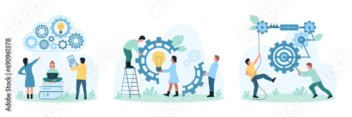 Work with digital business projects set vector illustration. Cartoon tiny people turn gears and wheels of factory mechanism system, connect light bulb to cogwheel to improve data configuration photo
