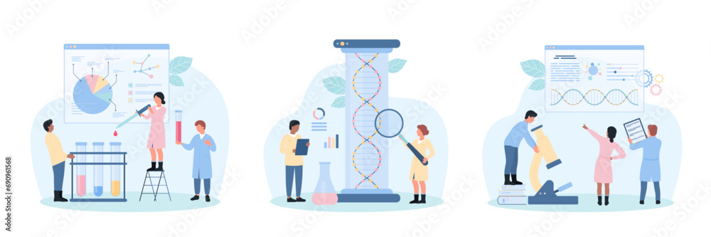 Genetic research in laboratory set, science and medicine vector ...