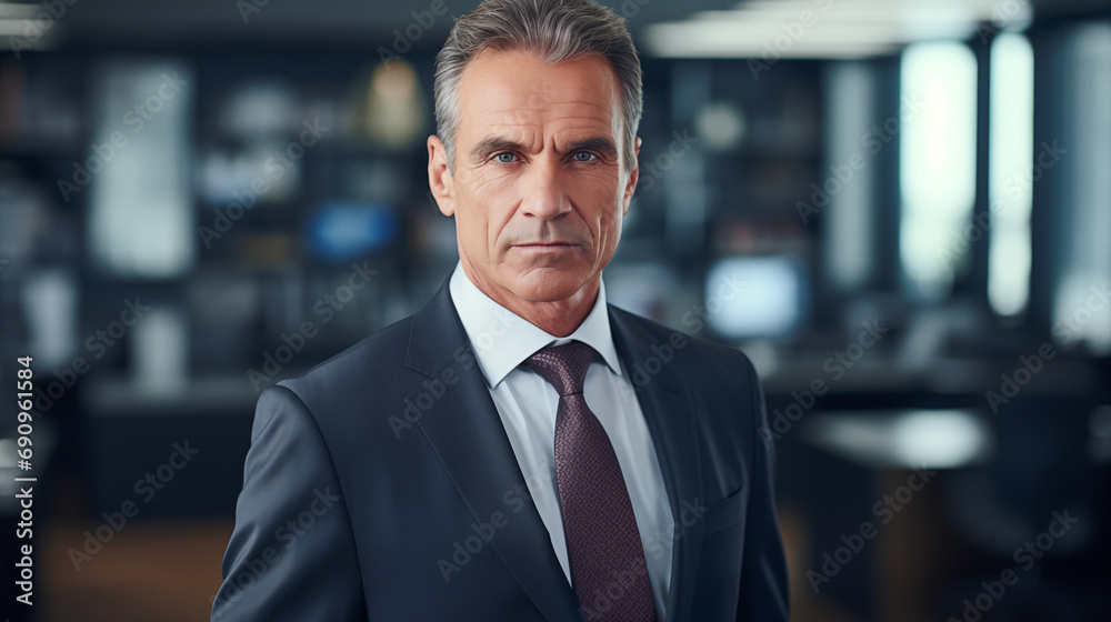 Serious businessman in an office. Portrait of mature handsome CEO. AI generated
