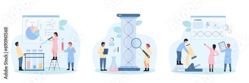 Genetic research in laboratory set, science and medicine vector illustration. Cartoon tiny people work with DNA molecular structure, genes, blood samples for innovation breakthrough in biotechnology