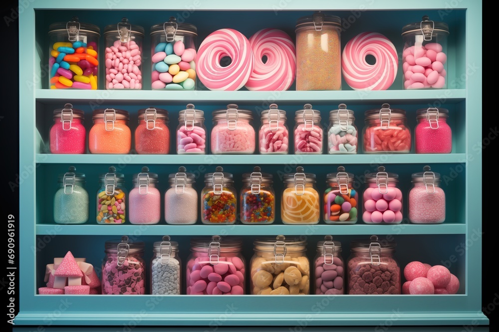 Window display of candy store. Assortment of marmalades, candies, sweets, jelly and sugar desserts.