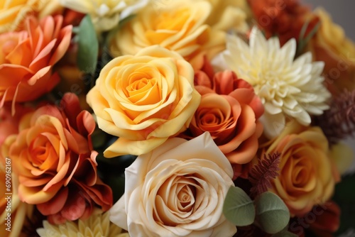 Classic Autumn Beauty  Close-Up of a Lush Fall Flower Arrangement with Yellow  Orange  and Beige Roses and Greenery for Wedding Bouquet
