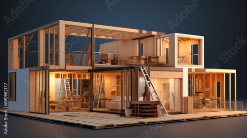 Modular Building Construction: 3D Rendering of Workshop Assembly with Wooden Walls for Industry and Business Montage photo