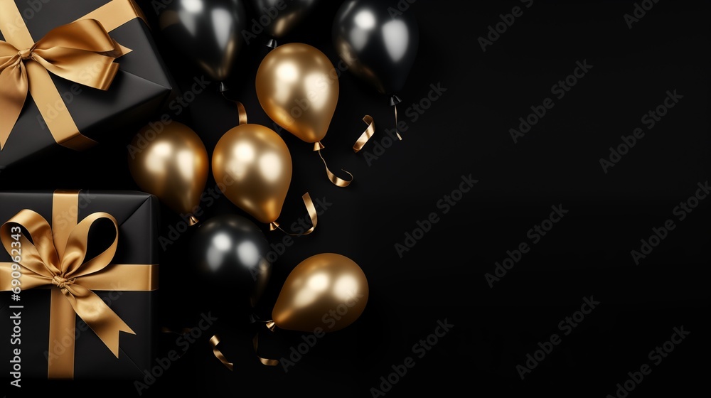 Gifts, balloons and Confetti sparkles on black background