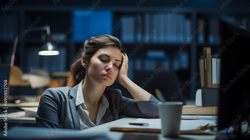 Woman office worker tired and exhausted at work. AI generated Woman office worker tired and exhausted at work. AI generated