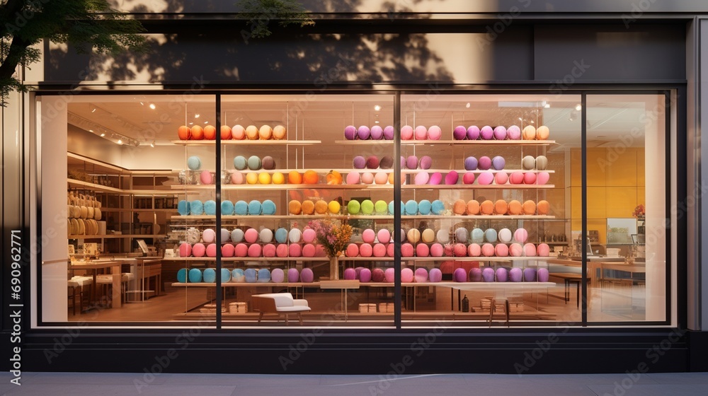 A contemporary artisanal bakery with a sleek, minimalist exterior, large glass windows showcasing rows of colorful macarons and delectable cakes