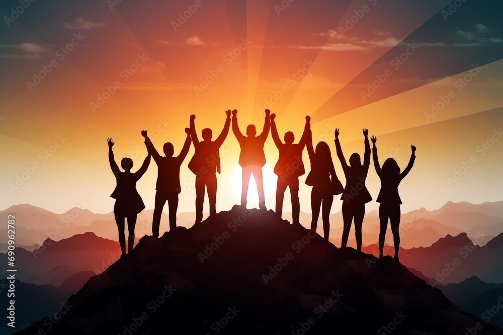 Fototapeta premium Silhouette of teamwork success victory on top mountain, Business success teamwork concept 