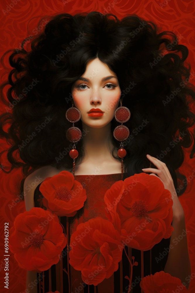 woman with thick hair, bright unusual beautiful appearance, in a solemn red dress and stylish earrings, poppy flowers ornament, Generative AI