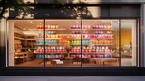 A contemporary artisanal bakery with a sleek, minimalist exterior, large glass windows showcasing rows of colorful macarons and delectable cakes