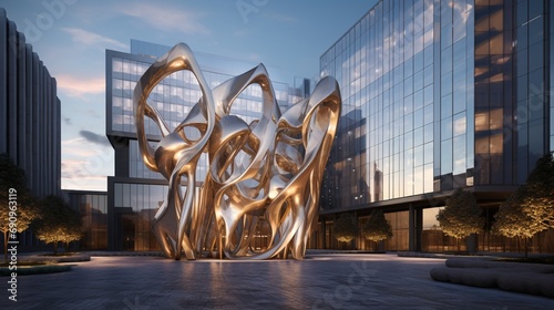 A contemporary, upscale office complex, its exterior adorned with artistic metalwork and abstract sculptures that make it a standout in the cityscape