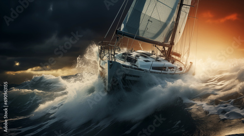 Dramatic photo of An ultra-modern ocean yacht through the waves in a storm on a raging ocean